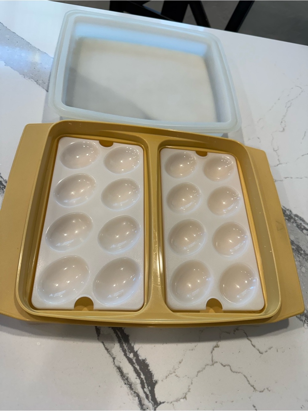 Vintage Tupperware Deviled Egg Carrier (Model 723) in a harvest yellow and white